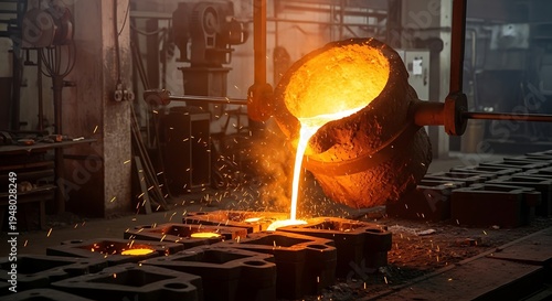 Molten copper pouring in foundry process with glowing orange metal flow, dramatic industrial lighting, heavy manufacturing and metallurgy concept.