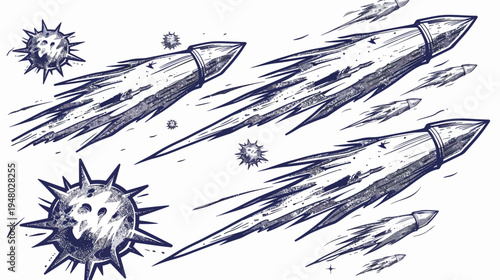 Sketch of rockets and spiky orbs with motion trails, drawn with rough, textured lines