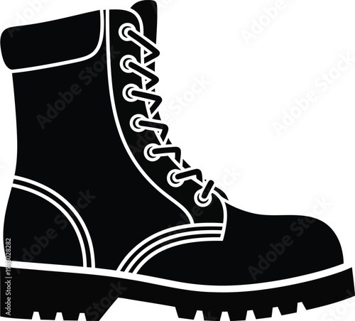 A sturdy leather combat boot featuring a thick lug sole and detailed lace up closure system design