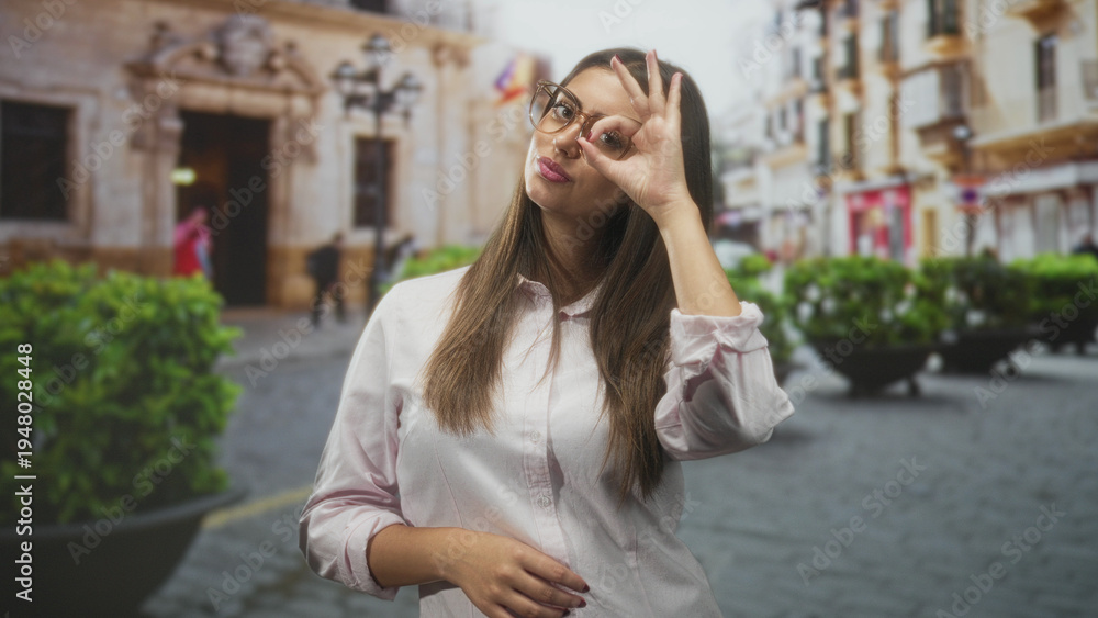 Fototapeta premium Woman with glasses makes ok sign by eye on cobblestone street in front of historic building and planters; confidence.