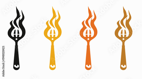 Four stylized torch icons, each in a different color scheme black, yellow, orange, and brown