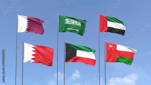 Collection of GCC country flags on blue sky backdrop, Middle East identity symbol, Looping video. 3D Render