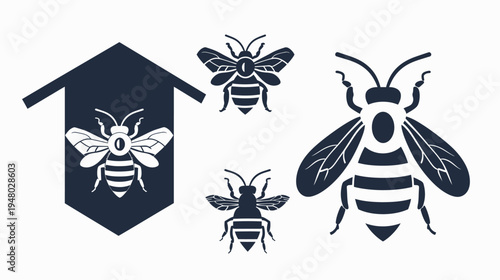 Silhouettes of bees, one within a house-shaped frame, in a minimalist, modern design