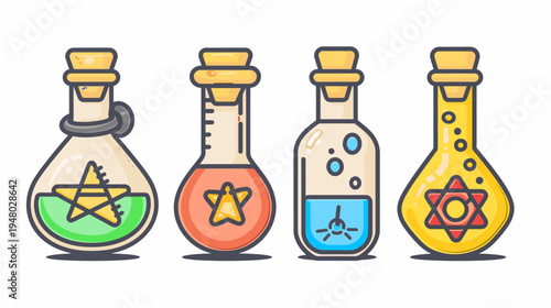 Four cartoon potion bottles with cork stoppers, colored liquids, and star/hexagram symbols