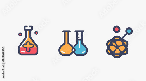 Colorful vector illustrations of lab equipment and a molecular structure. Simple, geometric designs