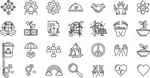 Sustainability ecology icons set renewable energy peace recycling outline collection