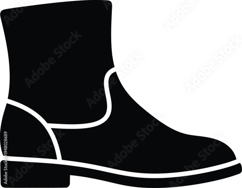 A black silhouette of a classic leather ankle boot with a low heel for casual or formal footwear