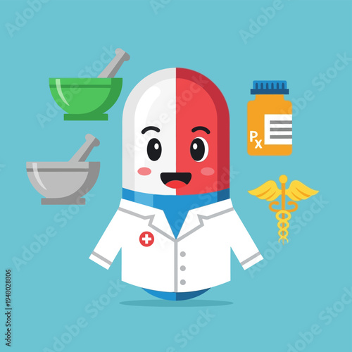 Cartoon Pill Character in Lab Coat.