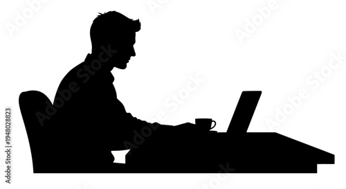 Vector silhouette of man working on laptop at desk with coffee EPS10 Stock.eps
