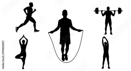 Vector Silhouettes of People Exercising Running Yoga Weightlifting Jump Rope Stretching EPS10 Stock.eps