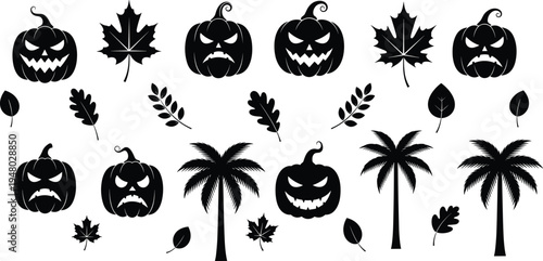 Halloween pumpkin faces, autumn leaves silhouettes, tropical palm trees, spooky vector icon set for seasonal design