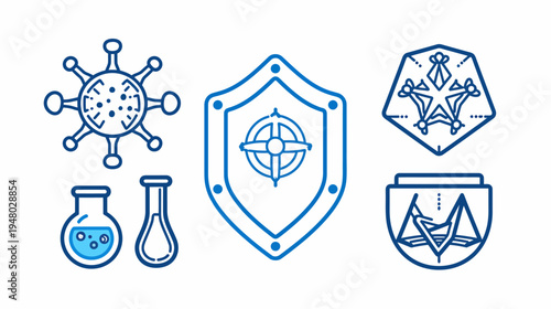 Blue icon set with coronavirus, shield, chemical flasks and abstract shapes against a white background