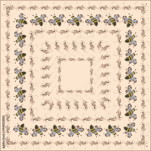 Vector floral seamless border patterns from hand painted bee insects and herbs on a beige background. 5 pattern brushes in the brush palette