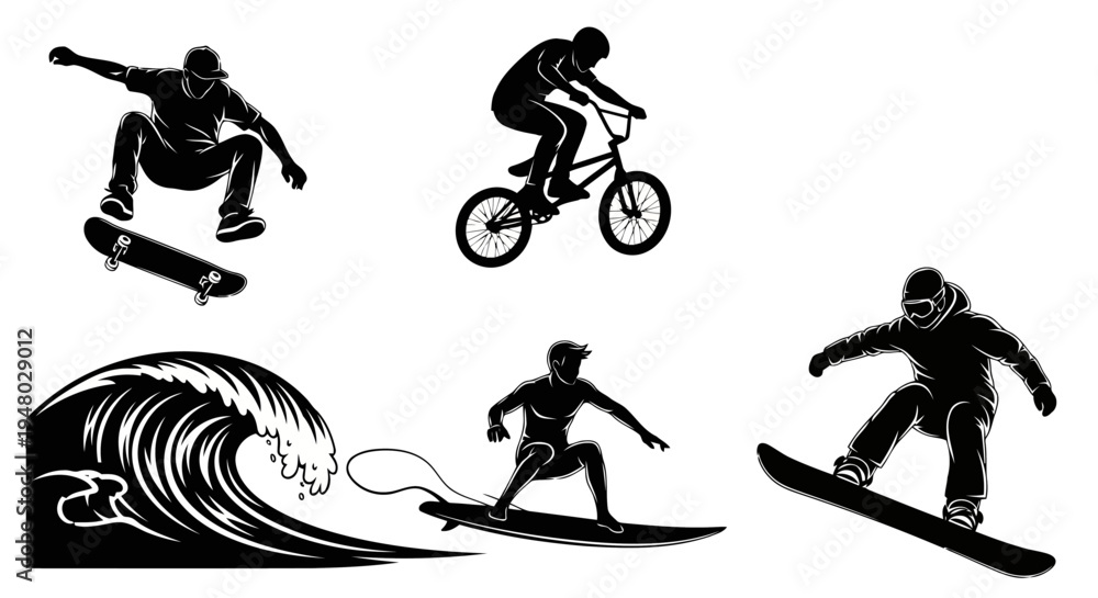 Obraz premium Dynamic Black Vector Silhouettes of Action Sports Skateboarding Surfing Snowboarding BMX EPS10 Stock.eps