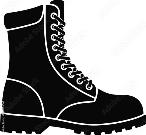 A black silhouette illustration of a sturdy leather combat boot with detailed lacing and tread