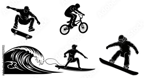 Dynamic Black Vector Silhouettes of Action Sports Skateboarding Surfing Snowboarding BMX EPS10 Stock.eps