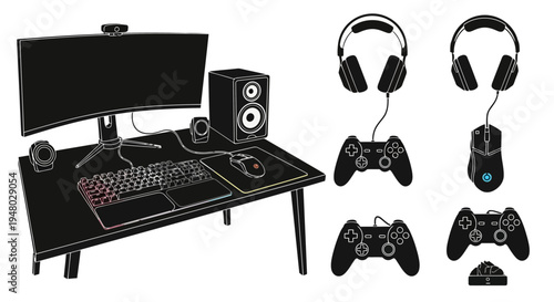 Black Silhouette Gaming Desk Setup and Esports Peripherals Vector EPS10 Stock.eps