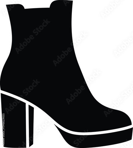 A stylish black ankle boot featuring a chunky block heel and a modern platform sole silhouette