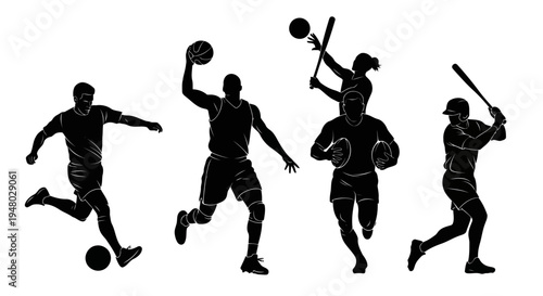 Black and white vector silhouettes of athletes playing soccer basketball baseball rugby EPS10 Stock.eps