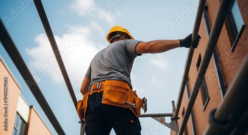 Construction worker on scaffolding installing or repairing building exterior