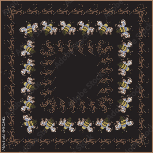 Vector floral seamless border patterns from hand painted bee insects and herbs on a black background. 3 pattern brushes in the brush palette