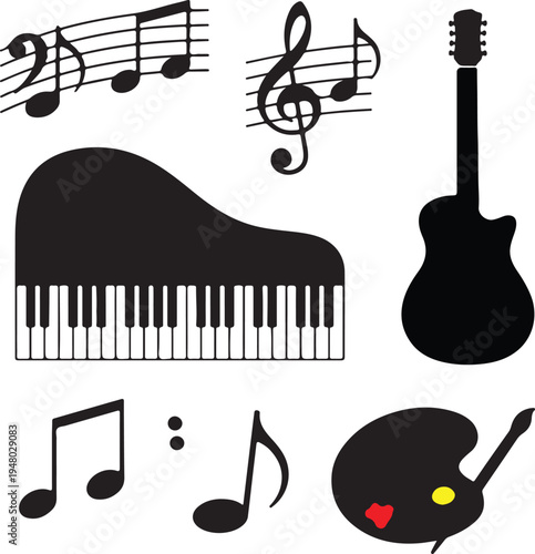 Silhouette of music instruments and notes isolated on transparent background