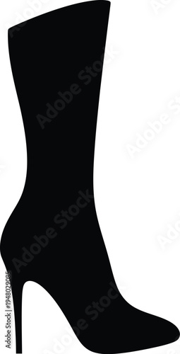 A sleek black silhouette of a tall stiletto boot representing elegant high fashion footwear style