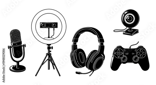 Black and white vector icons of popular streaming and gaming equipment EPS10 Stock.eps