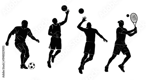 Athlete silhouettes playing football basketball tennis Black and white vector graphic EPS10 Stock.eps