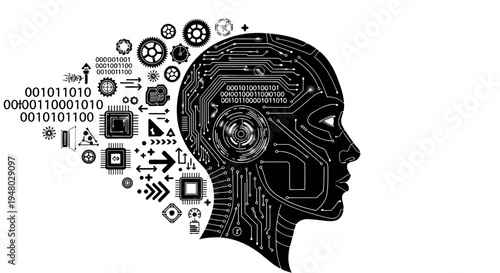 Black and white graphic AI brain profile with data flow and technology icons EPS10 Stock.eps