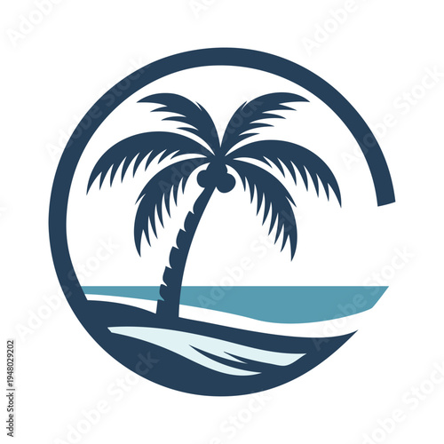 Logo agencia de viajes. Vacaciones de verano. Dibujo sencillo con siluetas de un paisaje con la palma y olas de mar en círculo