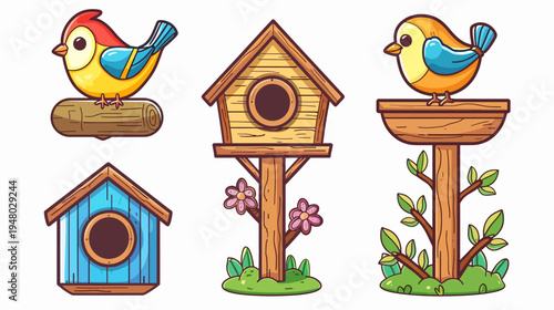 Colorful illustrated set featuring cartoon birds and birdhouses with trees, logs, and flowers