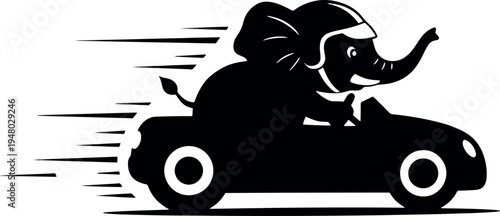 Cartoon Elephant Driving Small Car in Motion Black and White Illustration