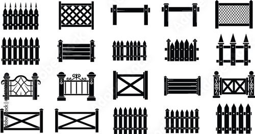Big collection of black wooden fence silhouettes and garden gate icons isolated on white background for landscape design architecture construction farm and suburban boundary concepts
