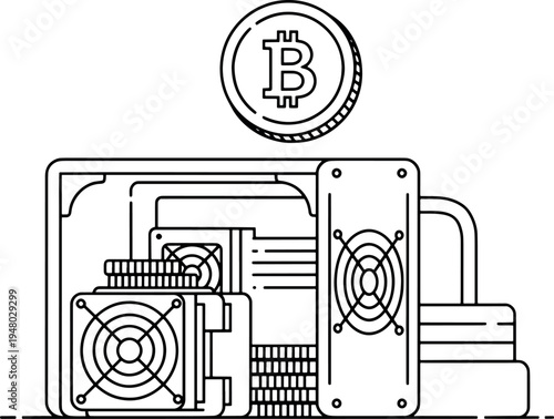 Bitcoin Cryptocurrency Mining Equipment Illustration with Digital Coin