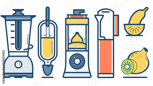 A collection of stylized, minimalist illustrations of kitchen appliances and fruits