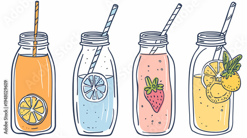 Hand-drawn illustrations of four bottled beverages, each with a straw, fruits, and variations in colors