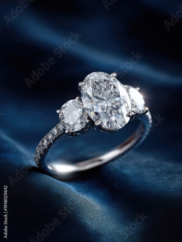 Luxurious blue satin fabric and three-stone diamond ring/高級感のある青いサテン生地とスリーストーンのダイヤモンドリング