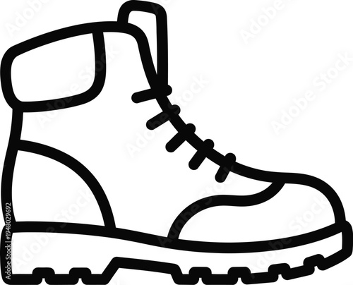 A black and white line art illustration of a sturdy hiking boot used for outdoor work and trekking