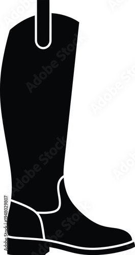 A black silhouette of a classic tall equestrian riding boot with a simple pull tab detail design