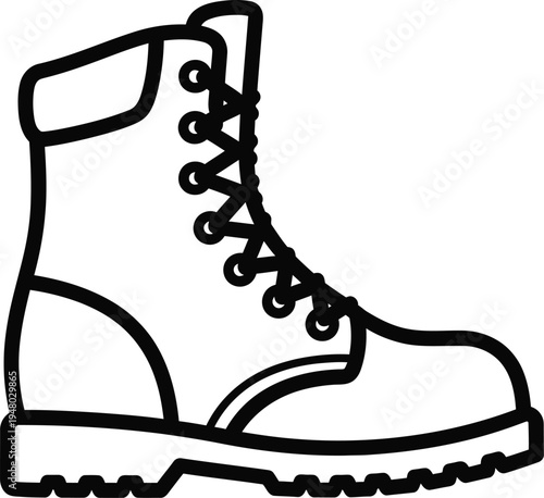 A simple black and white line art illustration featuring a sturdy ankle high leather work boot