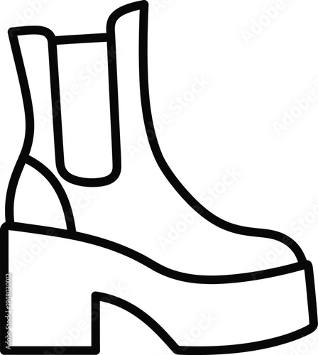A simple black and white line art illustration of a stylish chelsea boot with a thick platform sole