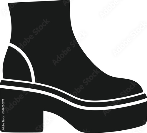 A simple black silhouette icon of a stylish ankle boot with a thick chunky platform heel design