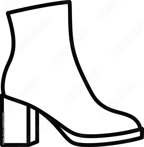 A simple black and white line art illustration of a stylish ankle boot with a thick block heel