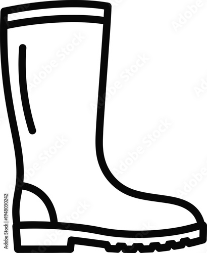A simple black and white line art illustration of a tall rubber boot for gardening or rainy days
