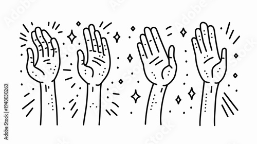 Illustration of four hands raised in the air with radiating lines and scattered stars
