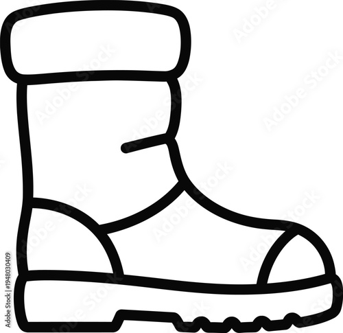 A simple black and white line art illustration of a warm winter boot designed for cold weather