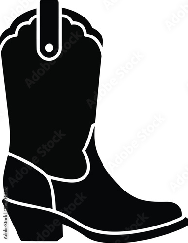 A black silhouette of a classic western cowboy boot featuring a decorative pull strap and heel