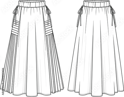 Fashion technical sketch of wide leg trousers, featuring high waist, back patch pockets, denim styling, and front button closure, cad drawing flat vector illustration