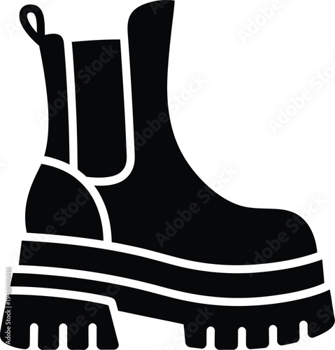 A black silhouette of a stylish chelsea boot with a thick chunky platform lug sole for footwear